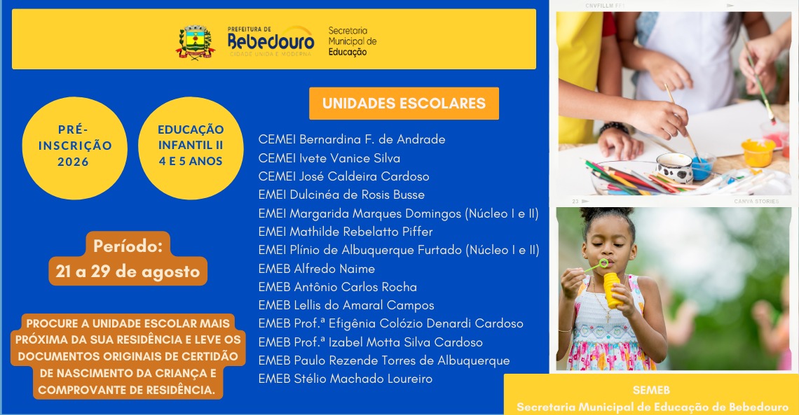 Secretaria de Educação abre período de pré-inscrição para Educação Infantil II – Ano Letivo de 2026